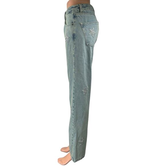 Nasty Gal Women's Blue Embellished Star Print Straight High Rise Denim Jeans 4 - Picture 2 of 7